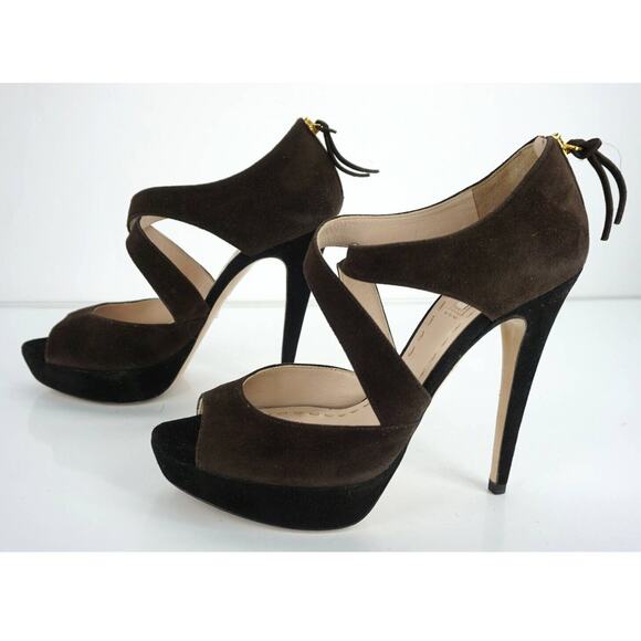 Miu Miu Two Tone Suede Strappy Caged Platform Heel Sandals - Picture 2 of 10